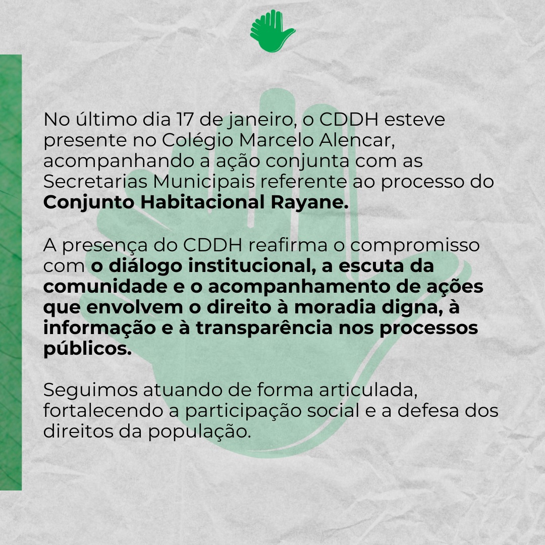 No dia 17 de janeiro, o CDDH Petrópolis esteve presente no Colégio Marcelo Alencar, acompanhando a ação conjunta com as Secretarias Municipais referente ao processo do Conjunto Habitacional Rayane.
A presença do CDDH reafirma o compromisso com o diálogo institucional, a escuta da comunidade e o acompanhamento de ações que envolvem o direito à moradia digna, à informação e à transparência nos processos públicos.
Seguimos atuando de forma articulada, fortalecendo a participação social e a defesa dos direitos da população.
✊🏾🏘️
#CDDH #DireitosHumanos #DireitoÀMoradia #Petrópolis #AçãoNoTerritório #ParticipaçãoSocial